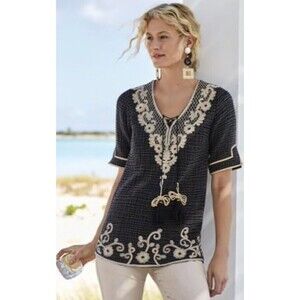 Soft Surroundings Womens M Charcoal Gauze Short Sleeve Gold Embroidered Blouse